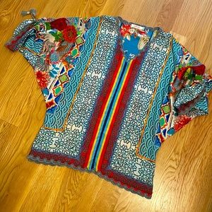 JOHNNY WAS Dragon Floral Silk Top with Dolman Ruched Sleeves and Tassels XS EUC